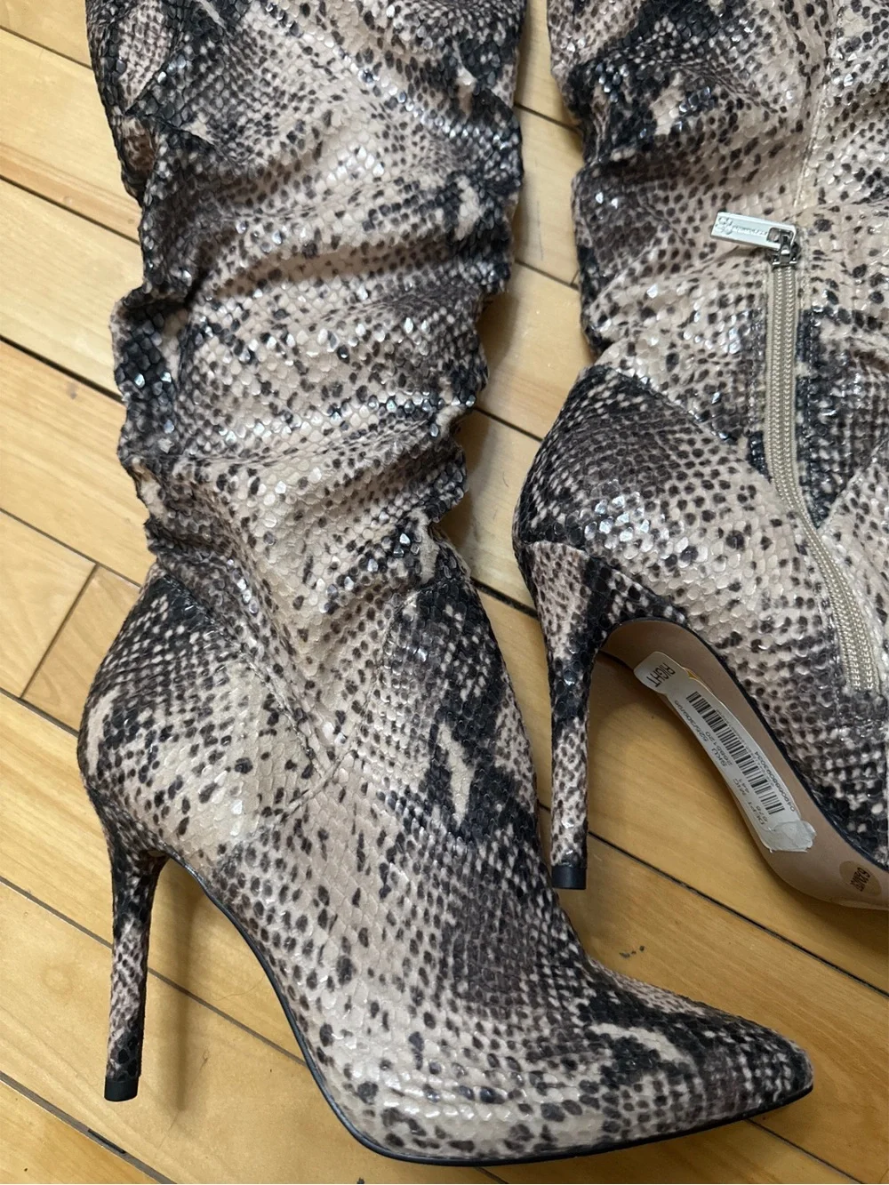 Snake-Print Over-the-Knee Stiletto Boots - Beige/Black